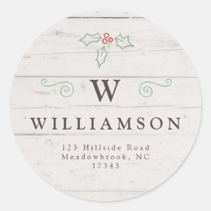 Rustic Monogram Mistletoe Farmhouse Return Address Classic Round Sticker