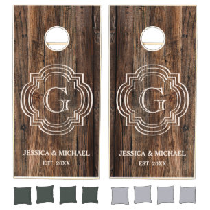Rustic Monogram Name and Year Couple Cornhole Set