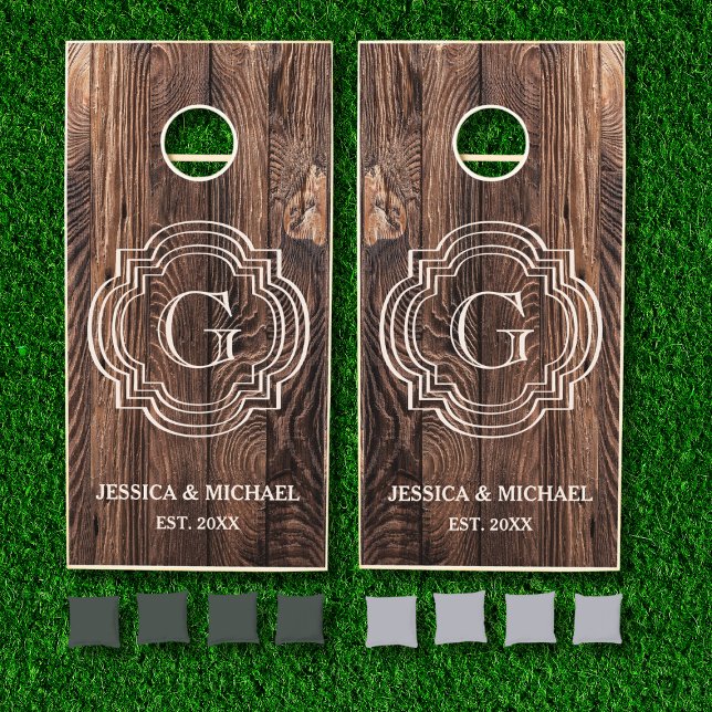 Rustic Monogram Name and Year Couple Cornhole Set (Creator Uploaded)