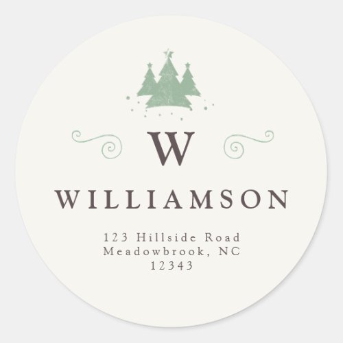 Rustic Monogram Name Christmas Tree Return Address Classic Round Sticker