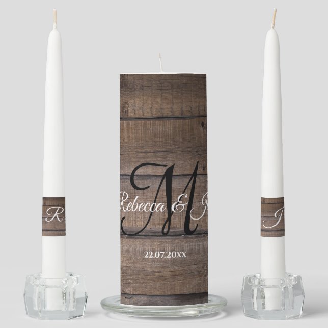 Rustic Monogram Name Date Wedding Unity Candle Set (Front)