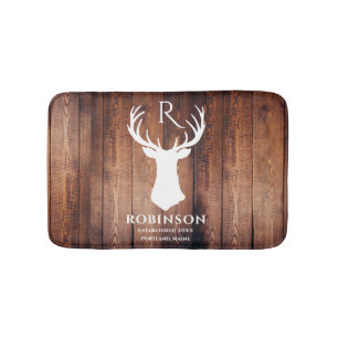 Rustic Monogram Name Deer Antler Wood Bath Mat