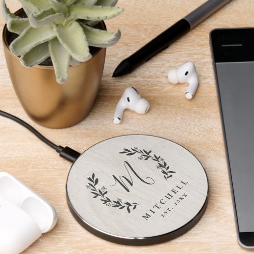 Rustic Monogram Name Wood  Wireless Charger
