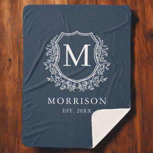 Rustic Monogram Navy Blue Crest Newlywed Wedding Sherpa Blanket
