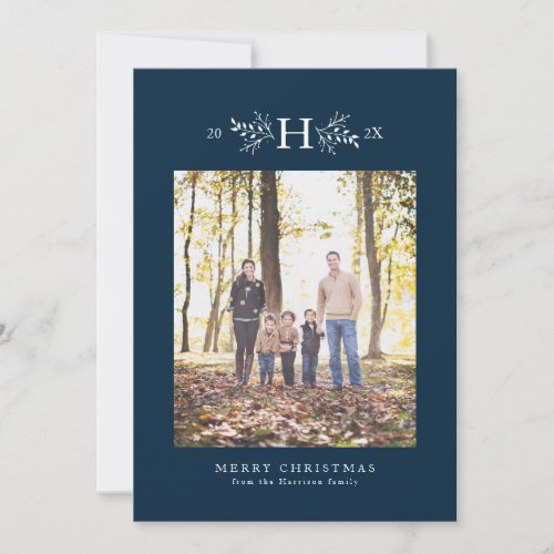 Rustic monogram navy blue holiday photo card