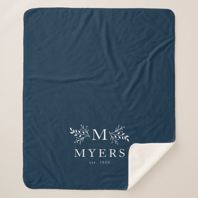 Rustic monogram navy blue personalized sherpa blanket (Front)