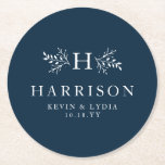 Rustic monogram navy blue simple classic wedding round paper coaster<br><div class="desc">With branches surrounding your initial, this personalized coaster makes a great touch for a wedding reception, a rehearsal dinner or even an anniversary party. It's classic with a bit of a rustic twist. The text and branches are white on a classic navy blue background. Other colors are also available. Add...</div>