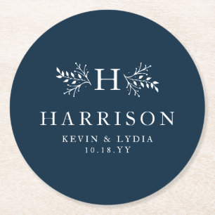 Rustic monogram navy blue simple classic wedding round paper coaster