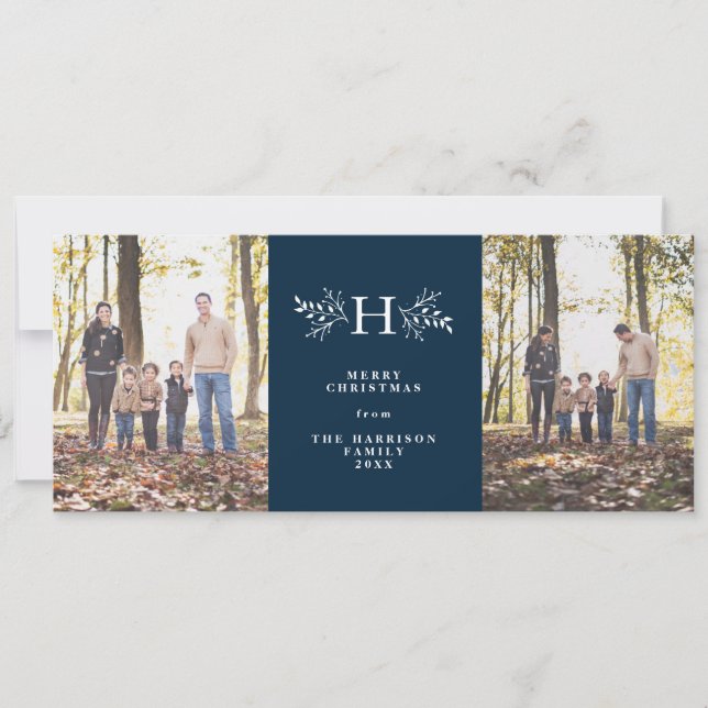 Rustic monogram navy blue two-photo holiday card (Front)