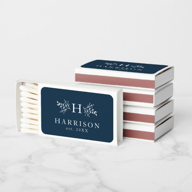Rustic monogram navy blue wedding favor matchboxes (Stacked)