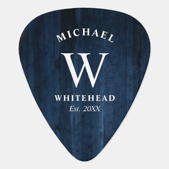 Rustic Monogram Navy Blue Wood  Guitar Pick (Front)
