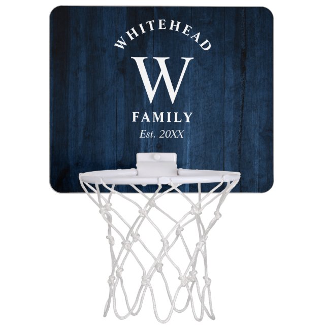 Rustic Monogram Navy Blue Wood Mini Basketball Hoop (Front)