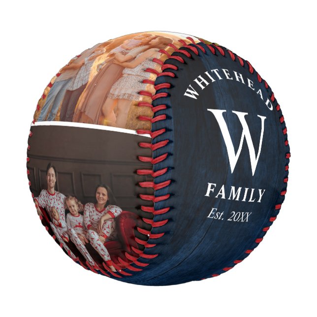 Rustic Monogram Navy Blue Wood Photo Collage Baseball (Angled)
