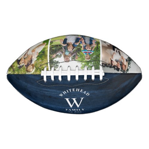 Rustic Monogram Navy Blue Wood Photo Collage Football