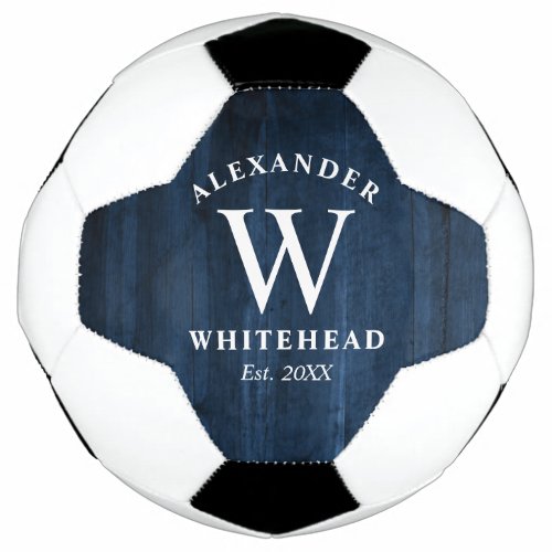 Rustic Monogram Navy Blue Wood Soccer Ball