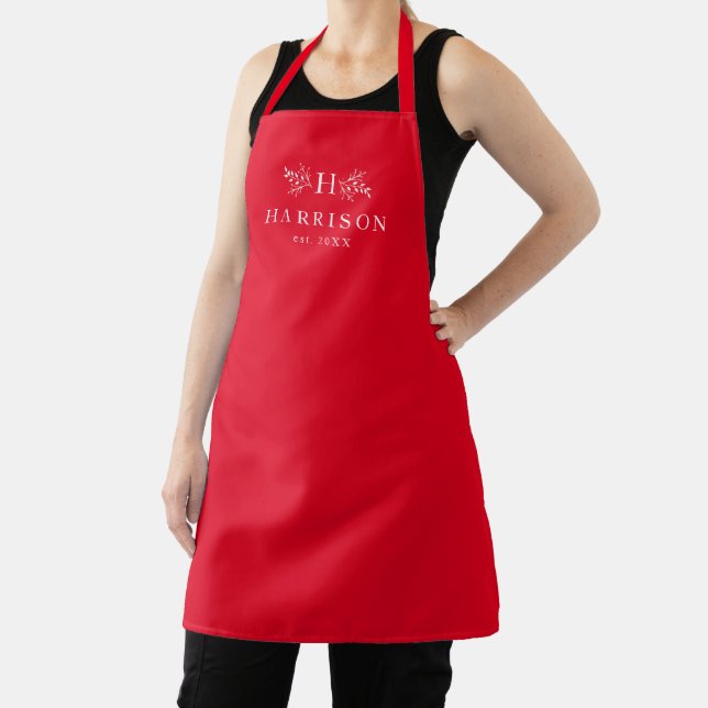 Rustic monogram newlywed red holiday apron (Insitu)
