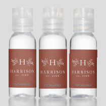 Rustic monogram newlywed wedding favor terracotta hand sanitizer