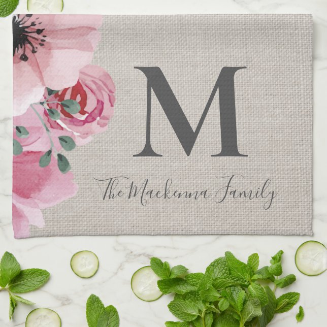 Rustic Monogram Personalized Family Name Farmhouse Kitchen Towel (Folded)