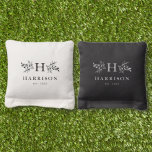 Rustic monogram personalized name black and white cornhole bags<br><div class="desc">With rustic branches surrounding your initial, this design also features room for a last name and established on or other text. Half the bags are black on white and the other white on black. This set is perfect as a wedding gift, anniversary gift and more. Also great for wedding celebrations,...</div>