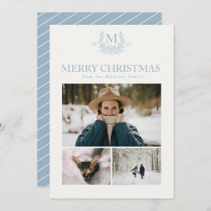 Rustic monogram Pewter Blue personalized initial  Holiday Card