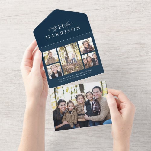 Rustic monogram photo collage trifold navy holiday all in one invitation