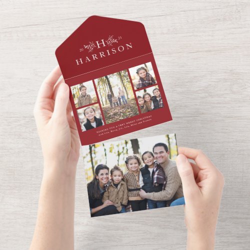 Rustic monogram photo collage trifold red holiday all in one invitation