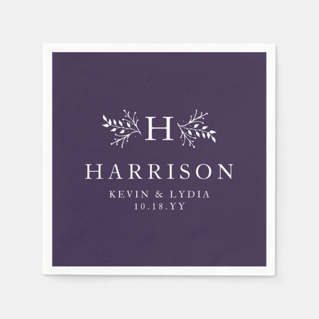 Rustic monogram plum purple fall winter wedding napkins (Front)