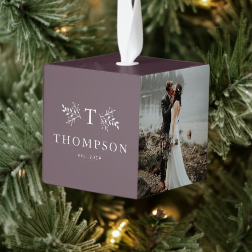 Rustic monogram plum purple newlywed photo cube ornament