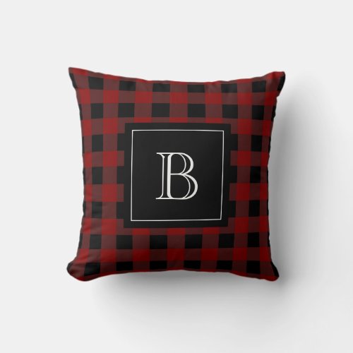 Rustic Monogram Red Black Buffalo Check Plaid Throw Pillow