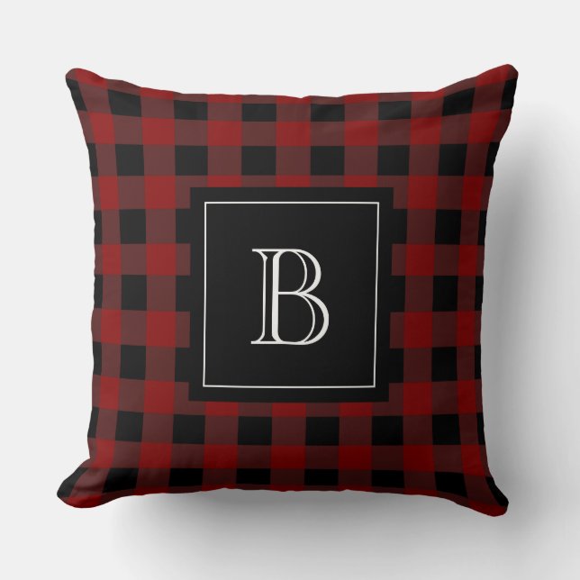 Rustic Monogram Red Black Buffalo Check Plaid Throw Pillow (Front)