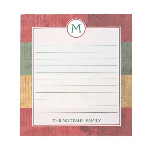 Rustic Monogram Red Green Gold Wood Name Christmas Notepad