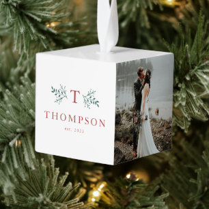 Rustic monogram red green three photo newlywed cube ornament