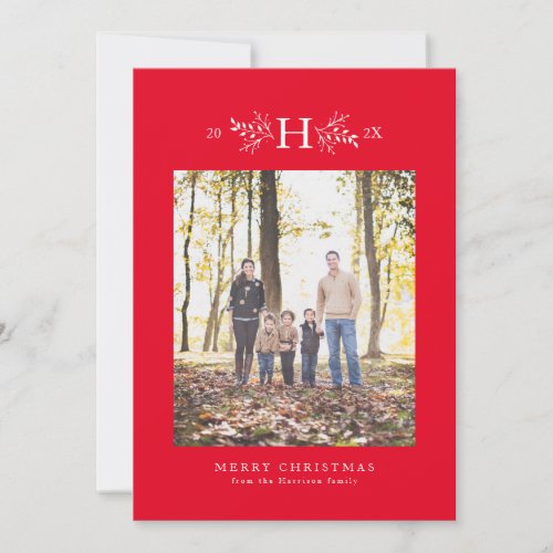 Rustic monogram red holiday photo card