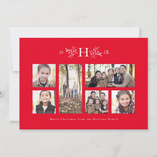 Rustic monogram red  holiday photo collage card