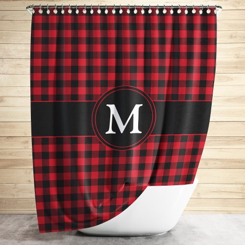 Rustic Monogram Red Plaid Pattern Shower Curtain