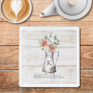 Rustic Monogram Rose Cotton Eucalyptus in a jug Acrylic Tray