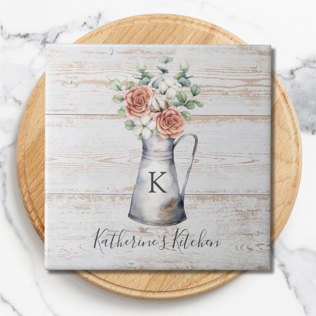 Rustic Monogram Rose Cotton Eucalyptus in a jug Ceramic Tile (Close up)