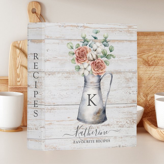 Rustic Monogram Rose Cotton Eucalyptus Wood Recipe Mini Binder (In situ)