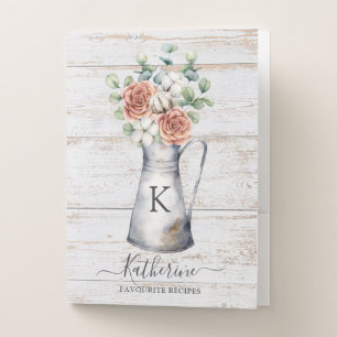 Rustic Monogram Rose Cotton Eucalyptus Wood Recipe Pocket Folder