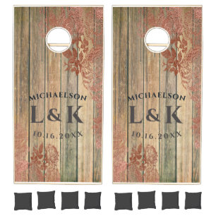 Rustic Monogram Rose Gold Wedding Cornhole Set