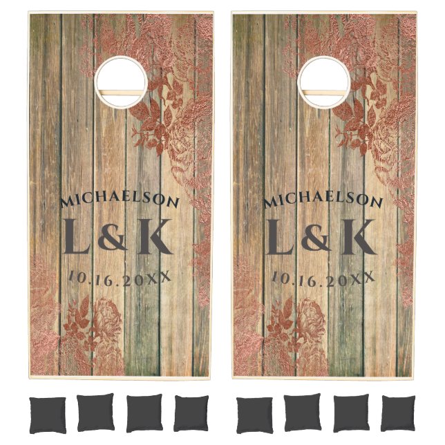 Rustic Monogram Rose Gold Wedding Cornhole Set (Set)