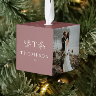 Rustic monogram rose three photo family name cube ornament
