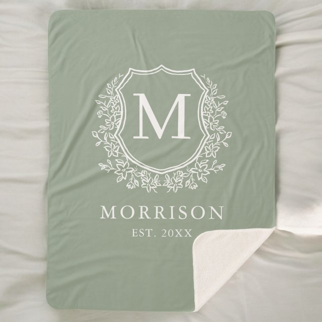 Rustic Monogram Sage Green Crest Newlywed Wedding Sherpa Blanket (Creator Uploaded)