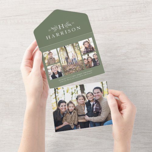 Rustic monogram sage green holiday 5 photo collage all in one invitation