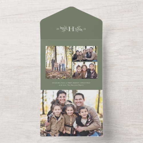 Rustic monogram sage green holiday photo collage all in one invitation