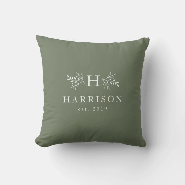 Rustic monogram sage green initial personalized throw pillow (Front)