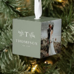 Rustic monogram sage green newlywed three photo cube ornament<br><div class="desc">This ornament features places for three photos,  plus names and date along with a monogram surrounded by rustic branches. The background color is a stylish sage green but it can be changed by clicking "customize further."</div>