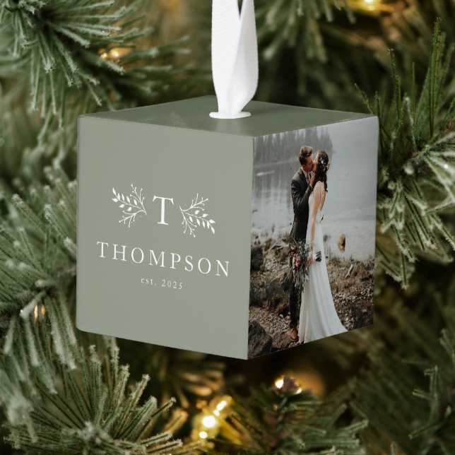 Rustic monogram sage green newlywed three photo cube ornament (Tree)