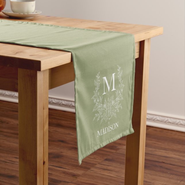 Rustic monogram Sage Green personalized initial  Short Table Runner (In Situ)