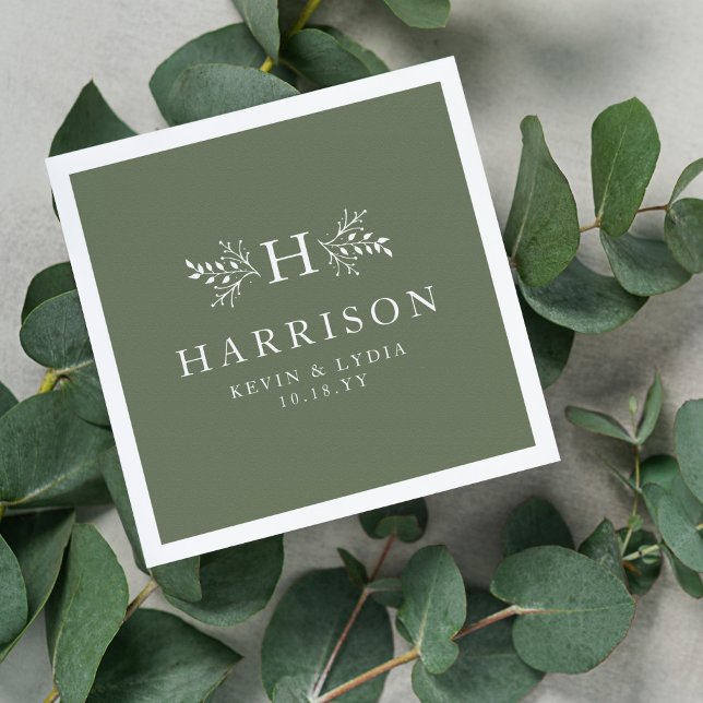 Rustic monogram sage green personalized wedding napkins (Creator Uploaded)